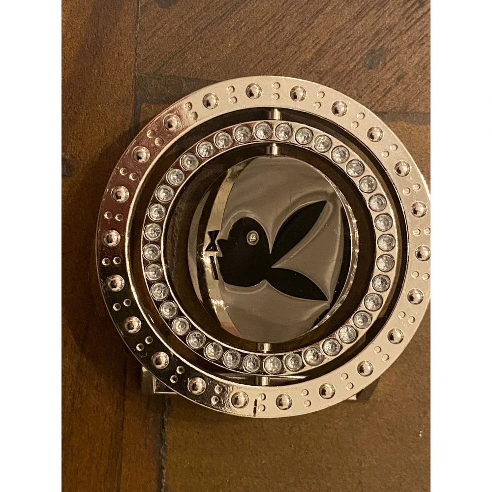 Playboy Spinning Belt Buckle Rhinestone‎ Rare Silver Tone